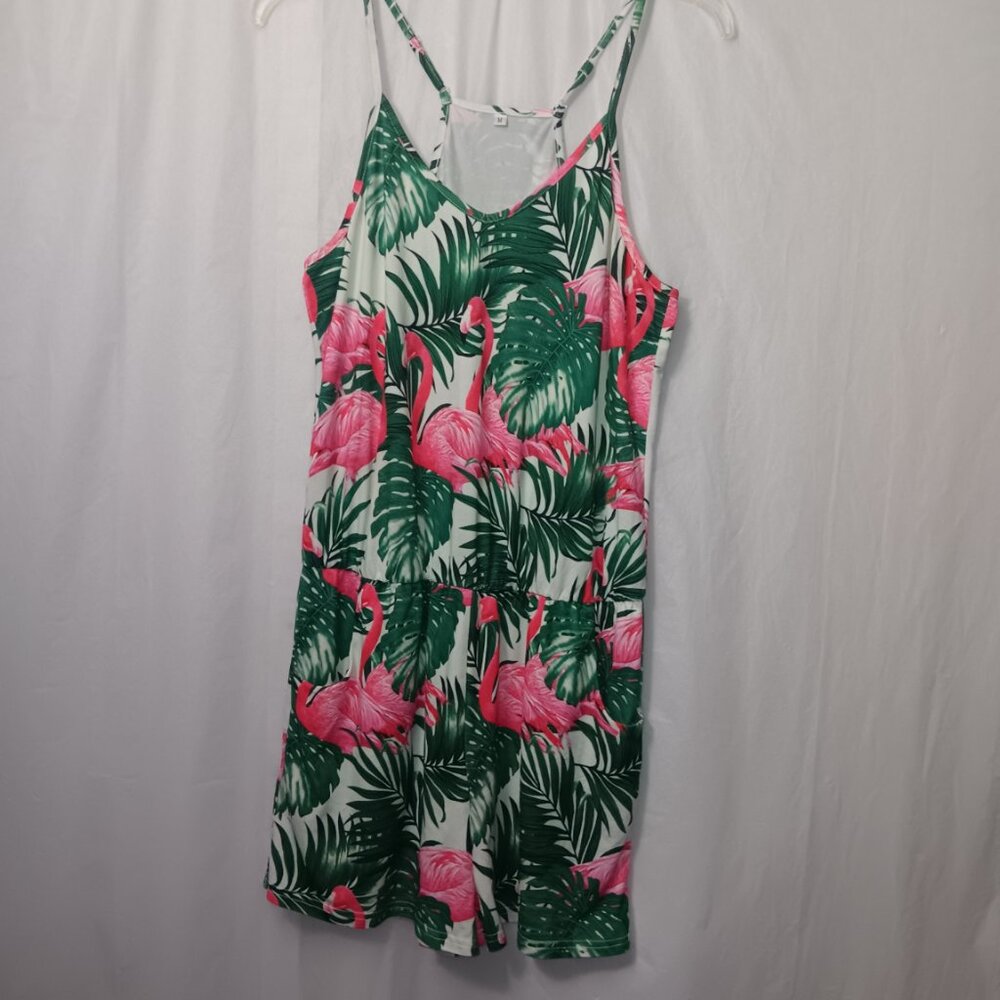 WOMEN'S FLAMINGOS TROPICAL LEAVES POCKET ROMPER - Picture 12 of 12